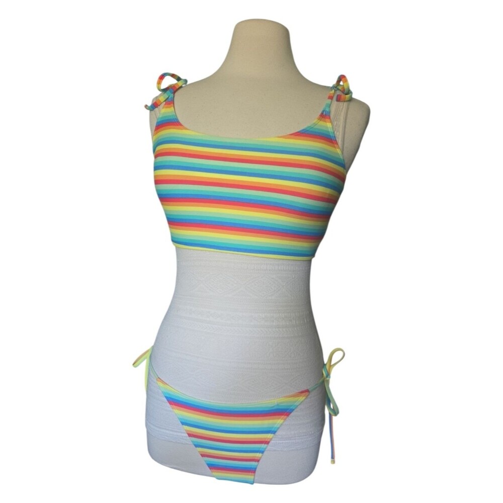 Forever 21 Rainbow Striped Tie-Shoulder Bikini Set - L